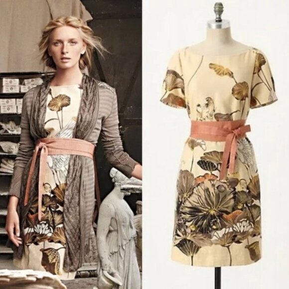 Floreat by Anthropologie Snowy Egret Bird Print Shift Dress w/ Obi Sash, Size 0 - Picture 1 of 12